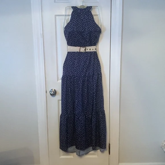 NWT White Dots on Blue Maxi Dress Size L - Picture 2 of 10